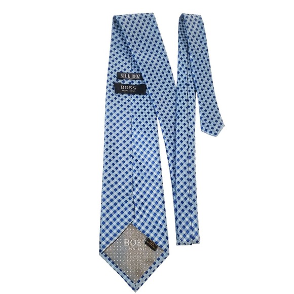 Hugo Boss Mens Tie Necktie Designer Luxury Blue White Plaid Seersucker Print - Picture 1 of 14